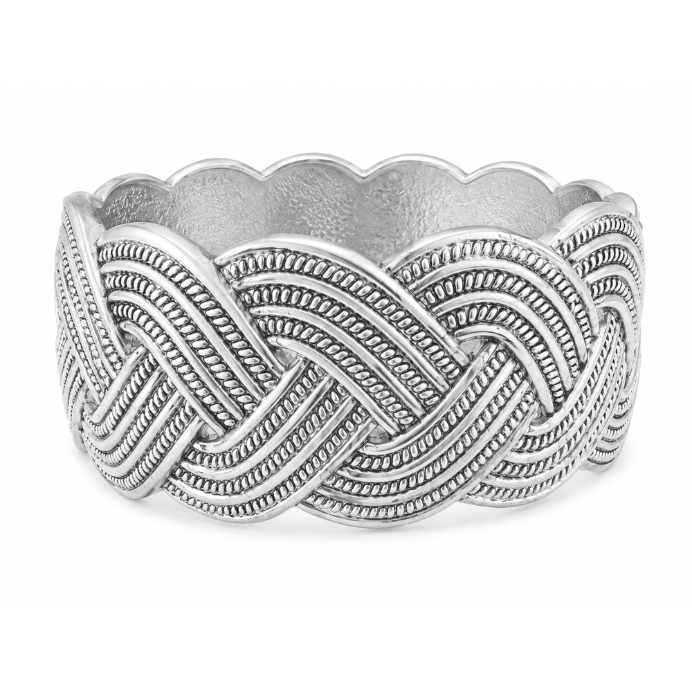 Silver Tone Braided Woven Statement Hinged Bangle Bracelet Textured Wide Cuff